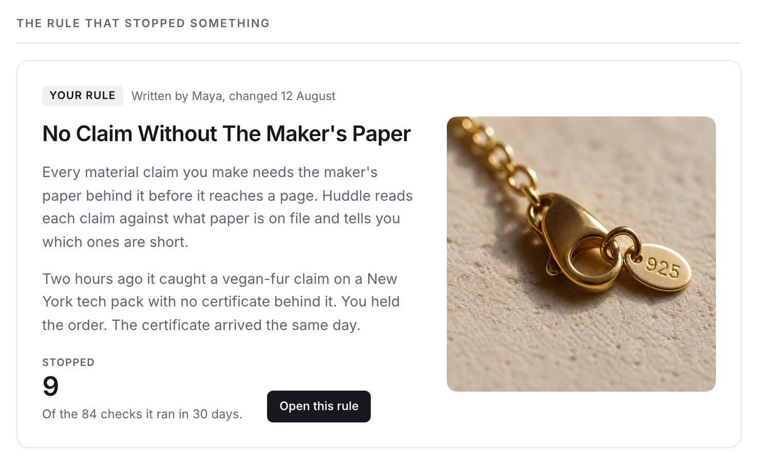 Huddle&rsquo;s Wiki for Argento & Co.: the rule Maya wrote in her own words, no claim without the maker&rsquo;s paper, and the nine times in thirty days it stopped something.
